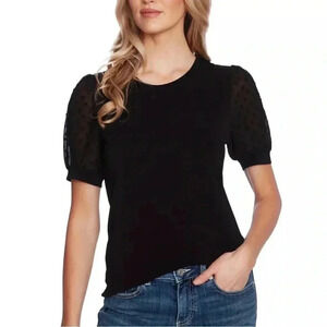 CeCe Women’s Sheer Polka Dot Puff Sleeve Black Pullover Blouse Top Size M